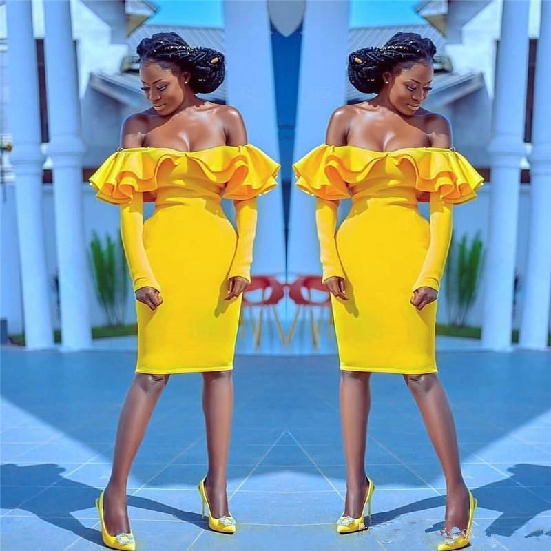 Bright Yellow Short Prom Dresses Sexy Ruffles Off Shoulder Long Sleeves ...