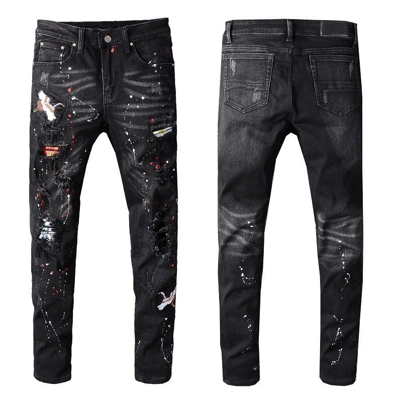 2021 Mens Distressed Destroyed Jeans Patches Ripped Skinny Black Skinny