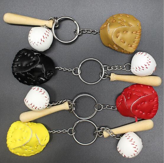 Mini Three Piece Baseball Glove Wooden Bat Keychain Sports Car Key Ring