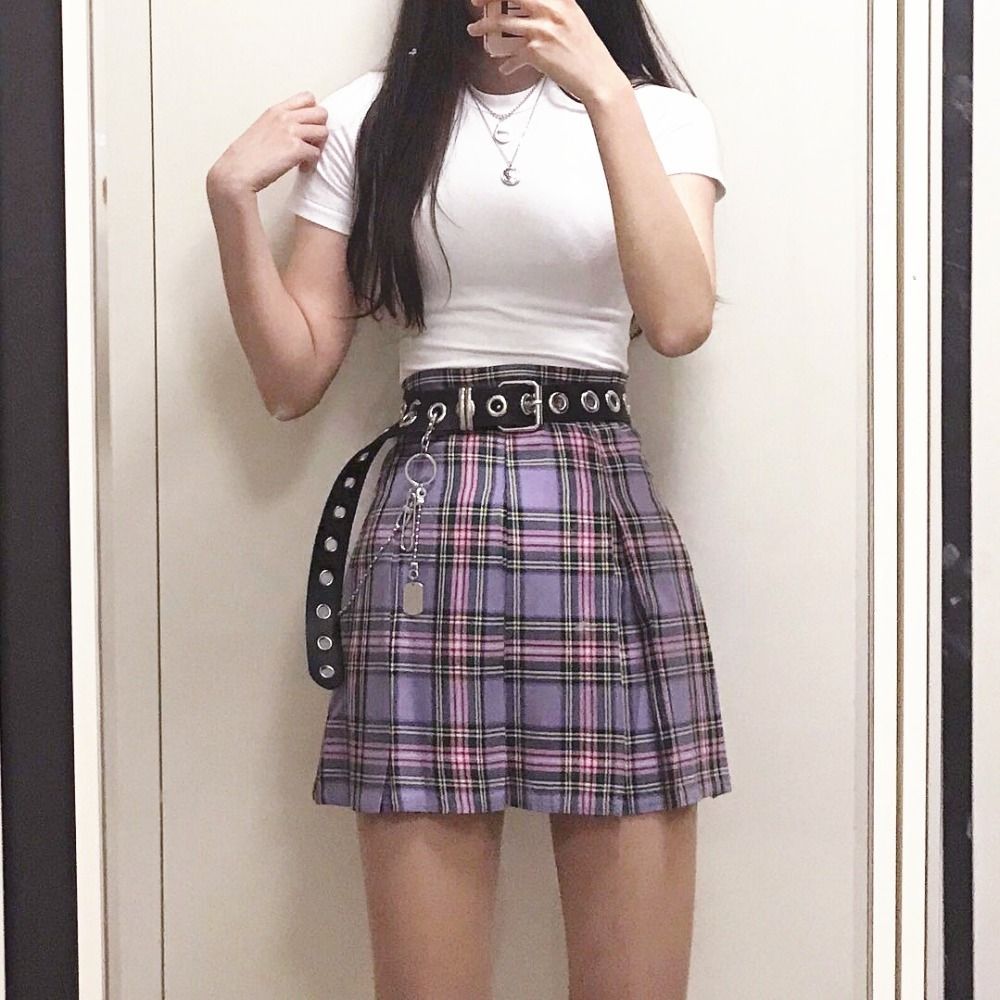 Compre Ins Hot Streetwear Kpop Coreano Estilo Preppy Roxo Xadrez Saia Kawaii Bonito Plissada Mini Curto Cintura Alta Saia Das Mulheres Y19043002 De Zhengrui01, $182,31 | Pt.Dhgate.Com