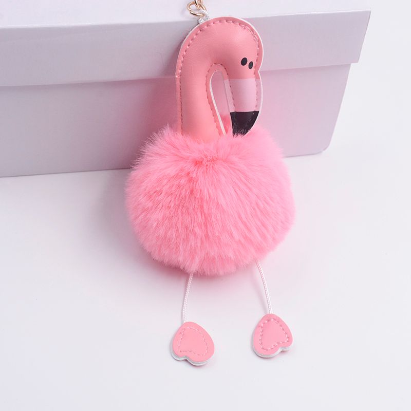 Cute Fluffy Pom Pom Flamingo Keychain Fur Ball Key Ring Holder Womens Hand Bag