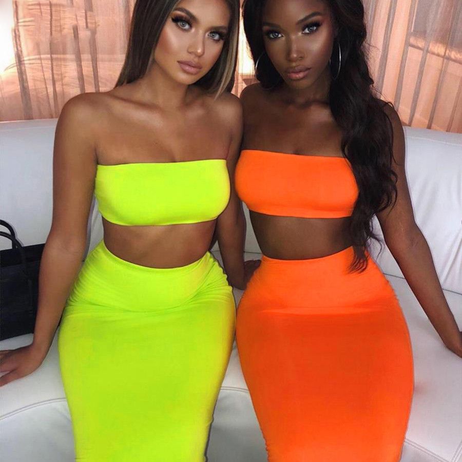 Compre Mulheres De Cor De Néon Duas Peças Set Strapless Colheita Curta Top E Saia Longa Roupa 2019 Moda Feminina Sexy Férias Roupas De Milingstore, $144,08 | Pt.Dhgate.Com