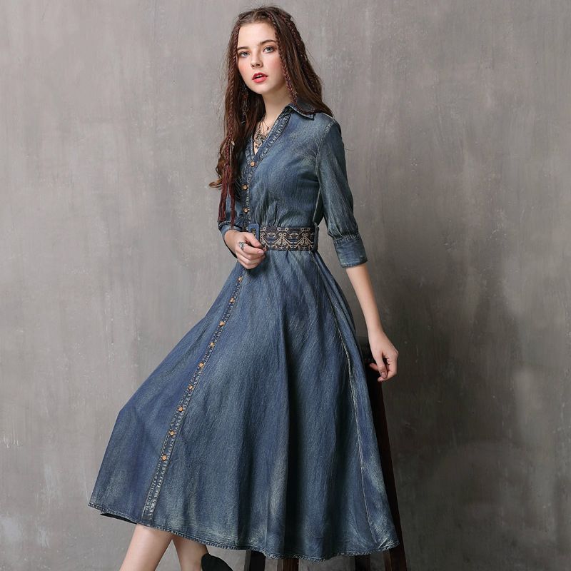 Compre Marca De Ropa Original De La Mujer 2019 Otoño Vestido Nuevo Cuerpo Dama Azul Jeans Vestido Retro Cinturón Bordado A 37,68 € Del Vanilla15 | DHgate.Com