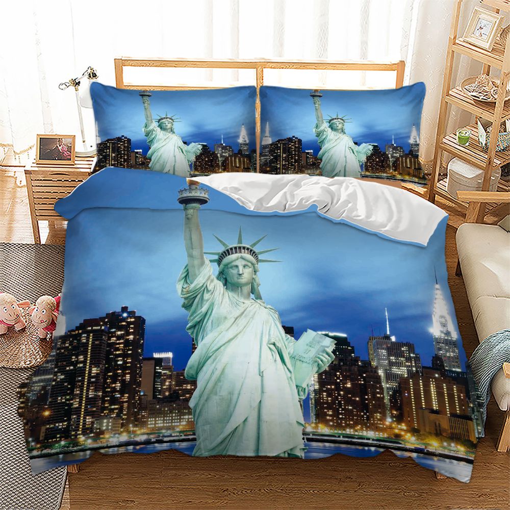City Night View Of New York Bedding Set 3d Statue Of Liberty