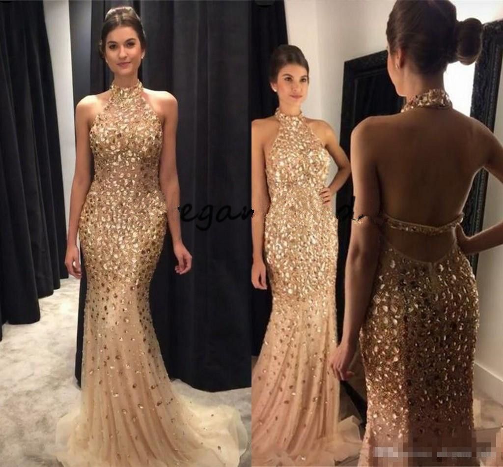 Compra Illusion 2019 Halter Mermaid Prom Dresses Con RhineStone Champagne  Crystal Vestidos Largos De Graduación Vestido De Noche Dorado Para Mujeres  Barato | Entrega Rápida Y Calidad | Es.Dhgate