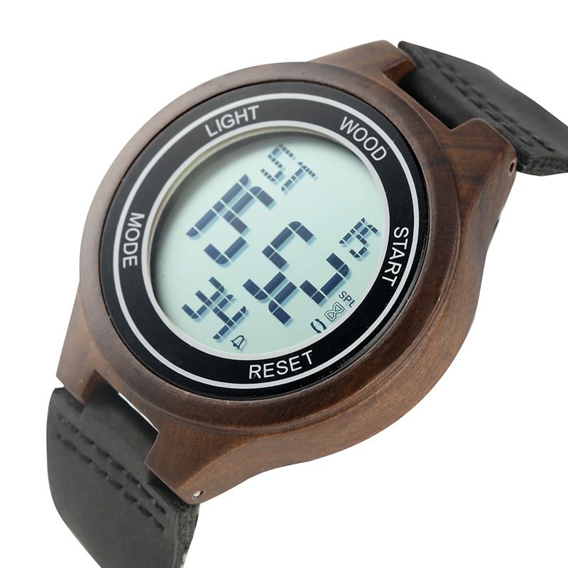 Natural Wood Electronic Watch For Men Durable Leather Strap Wooden