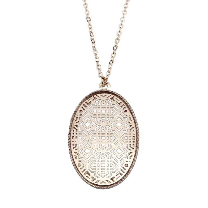 Fashion New Openwork Two Tone Gold Filigree Oval Pendant Long Chain Necklace