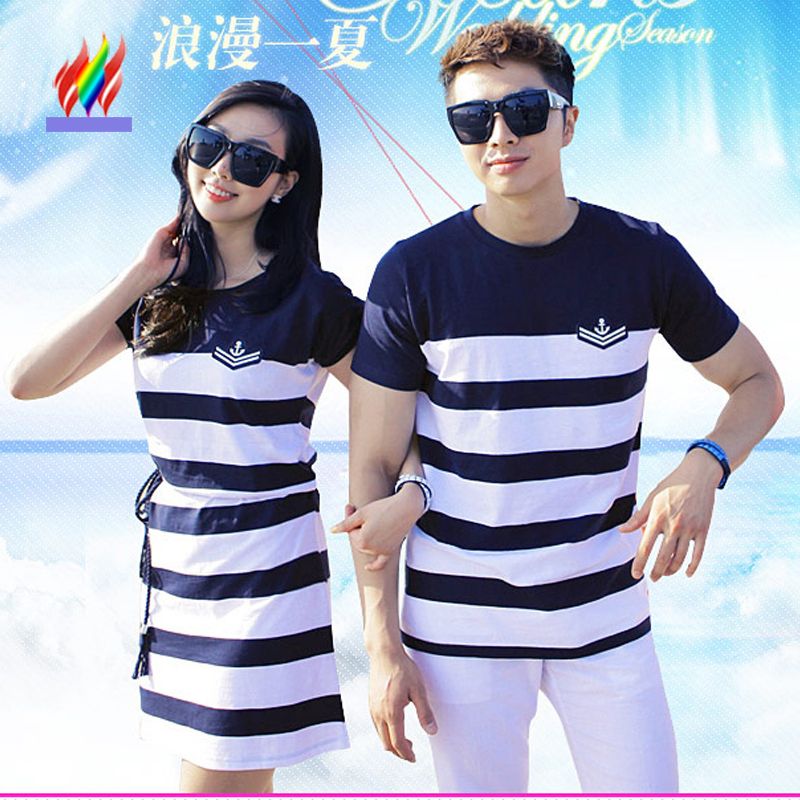 Couple T Shirt Matching Lovers Clothes Female Male Top Honeymoon Holiday Beach Valentine Wear Blue Stripe Cotton Couple T Shirts Y From Qiu03 27 77 Dhgate Com