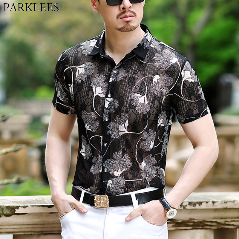 Leaves Embroidery Lace Shirt Men 2020 