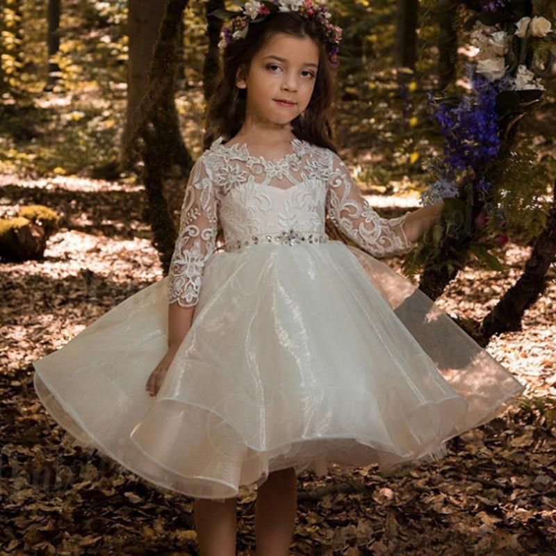 Luxurious Short Flower Girls Dresses 3/4 Sleeves Lace Applique Beaded ...