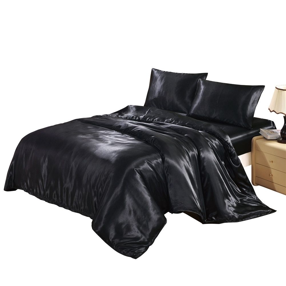 Solid Color Satin Faux Silk Bedding Set Black Duvet Cover Silky