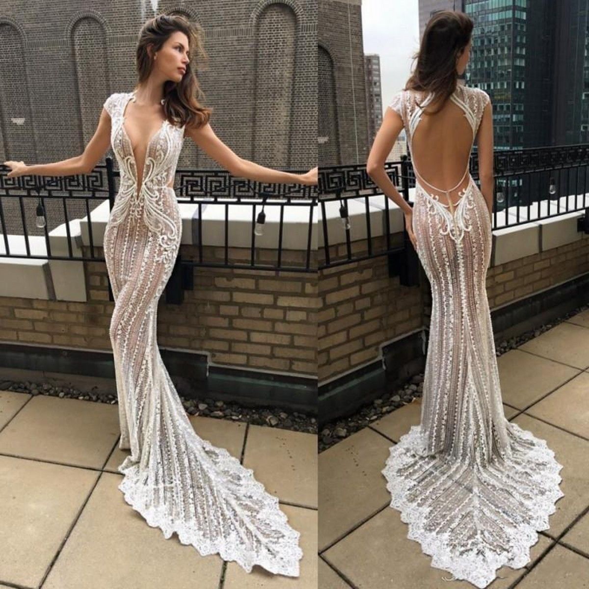 Compra 2020 Sexy Profundos Con Cuello En V Ilusión Sirena Vestidos De Novia  2020 Encaje Apliques Backless Backless Backs Vestido De Novia Manga Manga  Bodas Barato | Entrega Rápida Y Calidad | Es.Dhgate