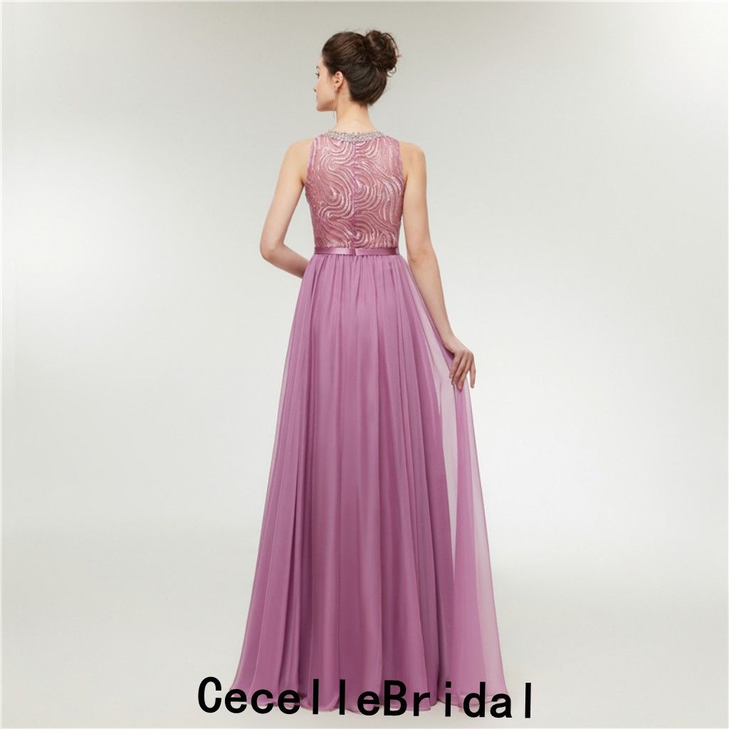 Großhandel Lila A Linie Einfache Spitze Chiffon Lange Abendkleider Ärmellose Perlen Hals Frauen Elegante Abendgesellschaft Kleid Abendkleider