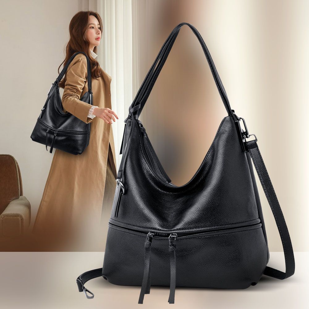 black leather handbag with shoulder strap