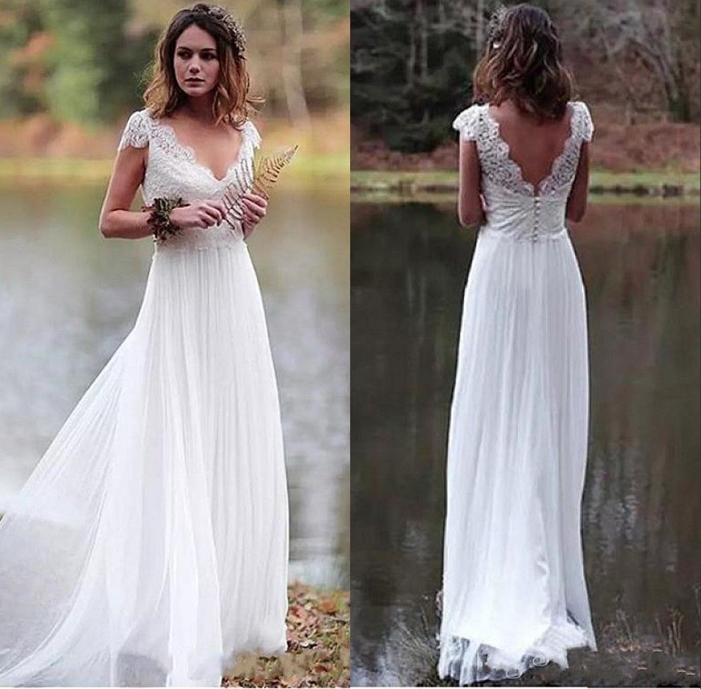 Discount Vestido De Noiva 2019 Backless Country Style Wedding Dresses A Line Cap Sleeves Chiffon Lace Cheap Beach Boho Wedding Bridal Gowns Wedding