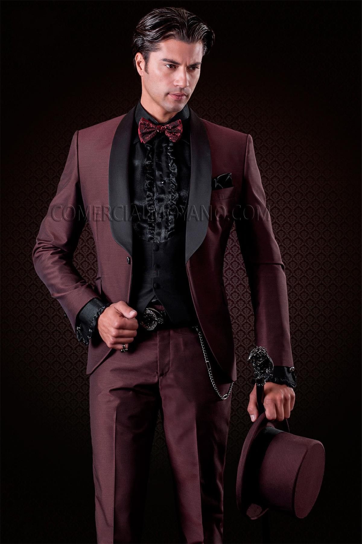 Burgundy Groom Tuxedos Black Lapel 