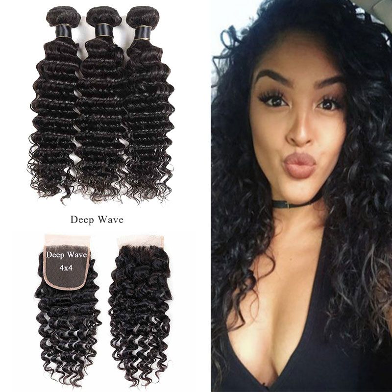 2019 3 Bundles With Closure Deep Wave Brazilian Hair Weave Bundles