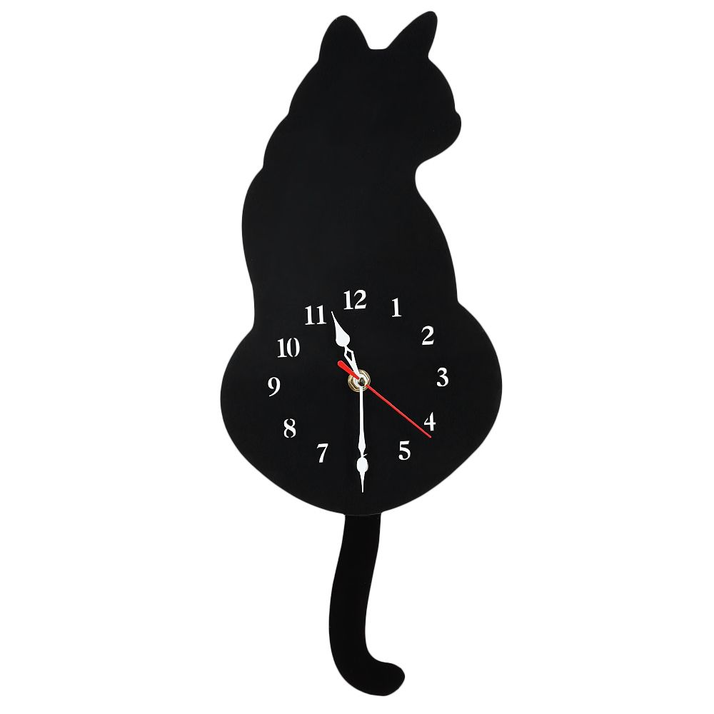 Cute Cat Wall Clock Kit With Real Simulation Swinging Tail Wooden Wall