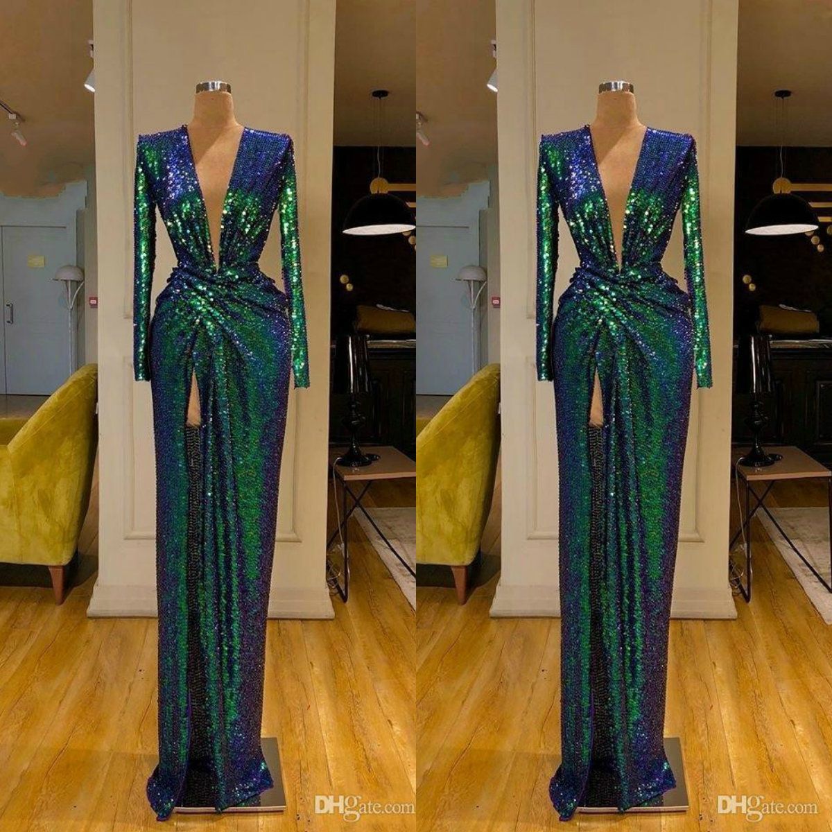Glitter Green Evening Dress Sheer Jewel Neck Long Sleeves High Split