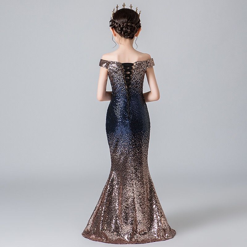 rose gold and navy flower girl dress