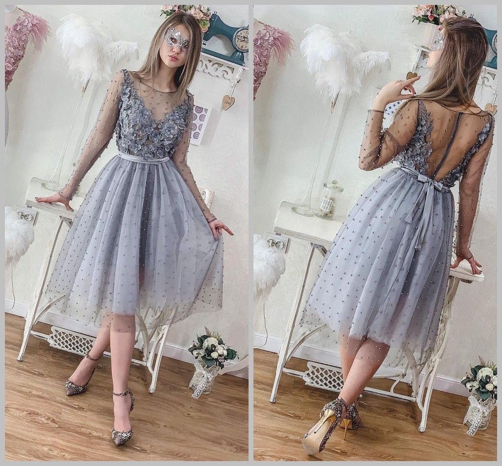2019 plateado gris perlas Homecoming vestidos de larga encaje apliques beads mini cóctel vestidos