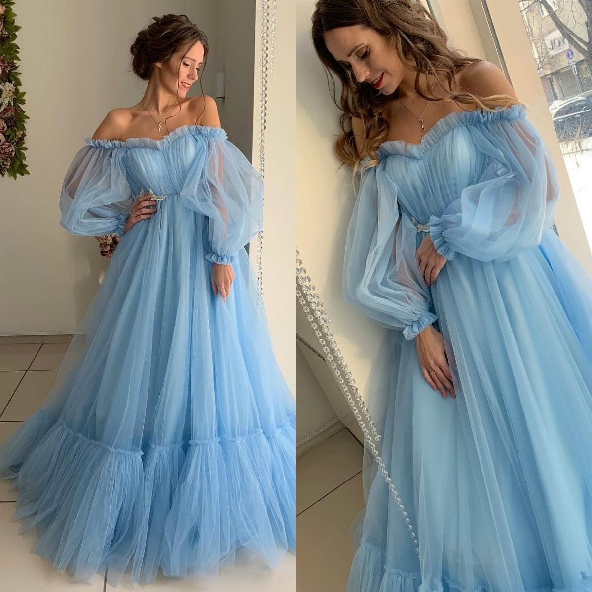 light blue off the shoulder prom dress