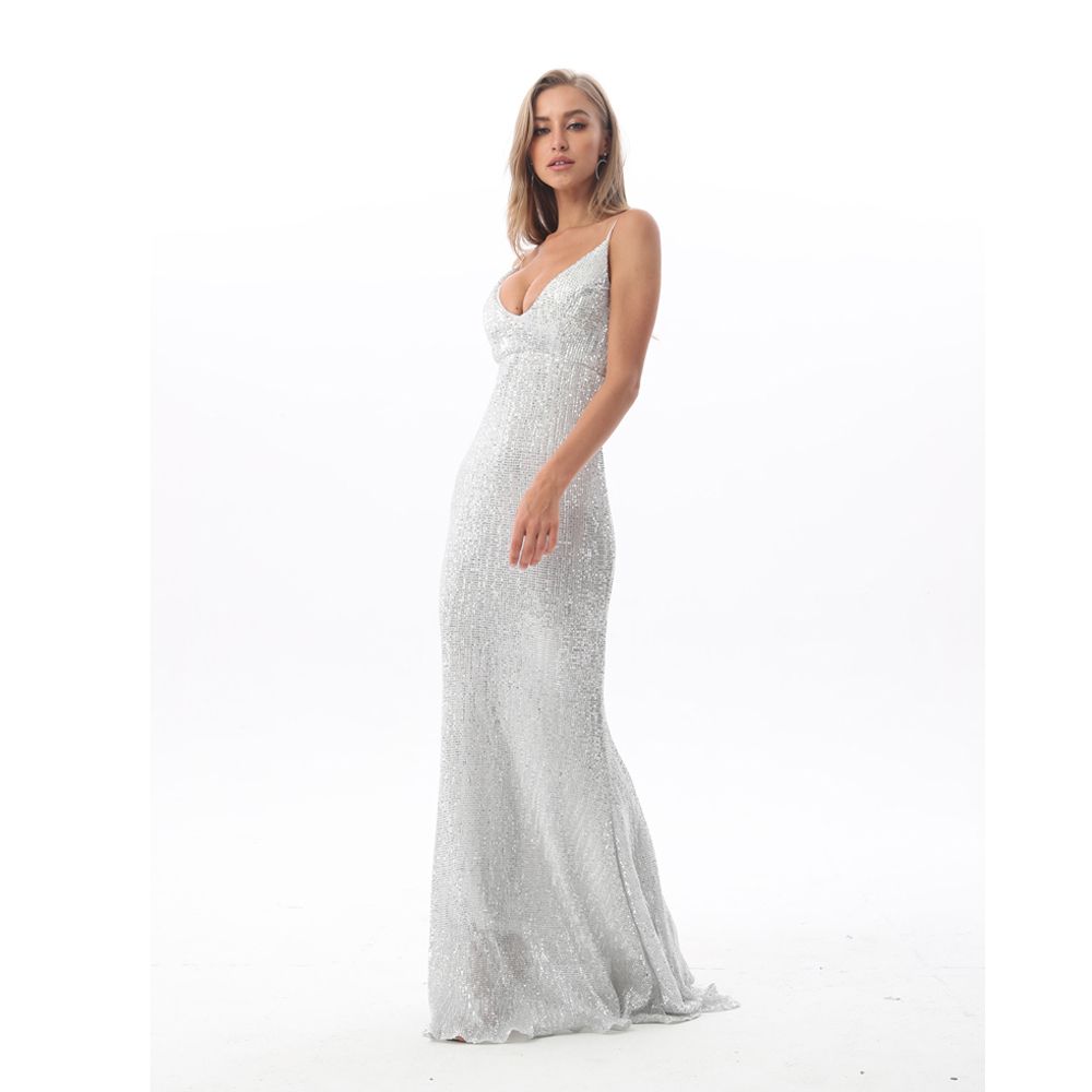 silver sequin floor length dress