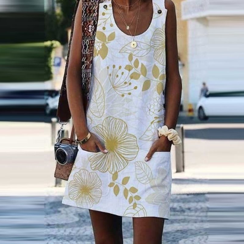 Vestido Mujer Otoño Manga 34 Cuello En V Estampado Bolsillo Vestido Mujer Otoño Manga 34 Cuello En V Estampado Bolsillo