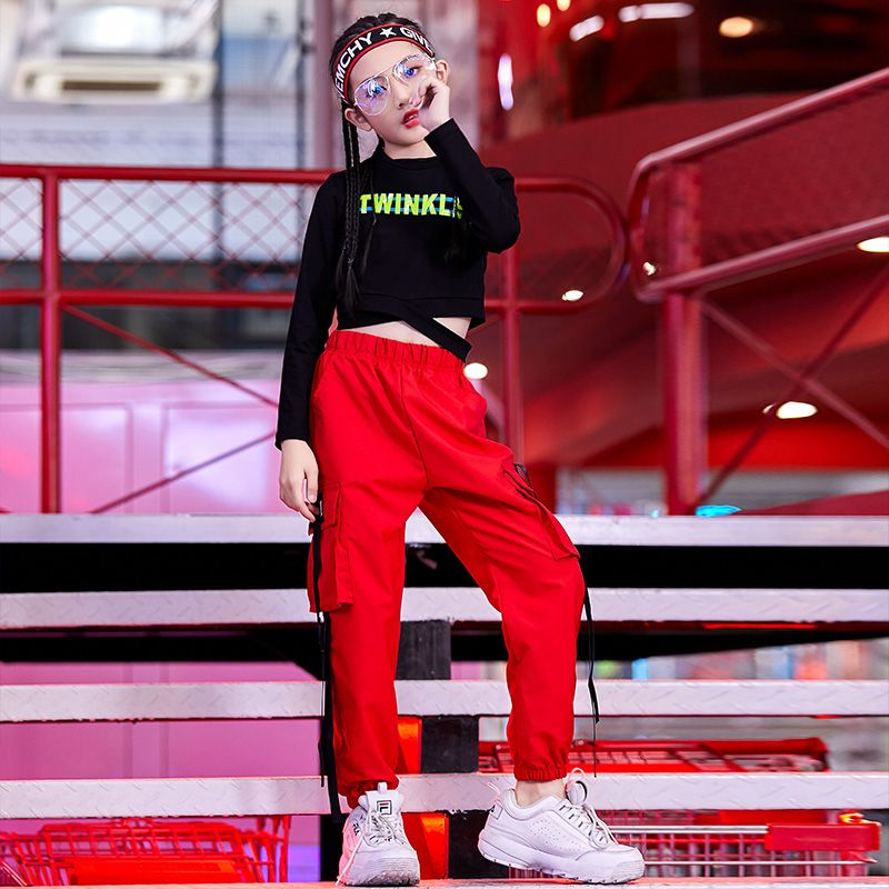 2020 Girls Hip Hop Dance Costumes Black Top Red Cargo Pants Jazz