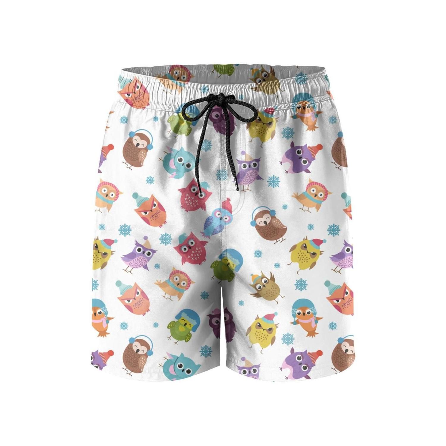 Mens Swim Trunks Cute Owl Quick Dry Beach Board Shorts with Mesh Lining
