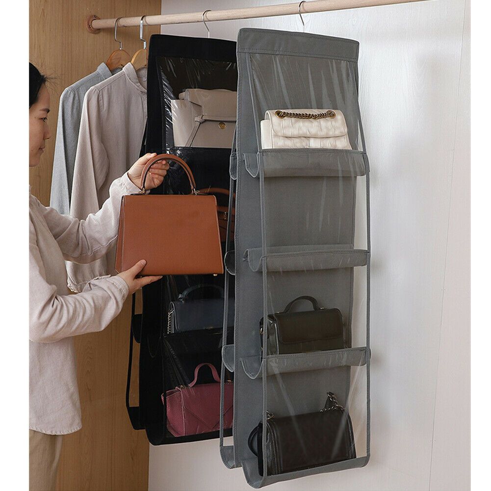 Hanging Handbag Organizer for Closet, Clear Hanging Purse Organizer Storage for Purses and Handbags with 10 Pocket for Bedroom(Light Grey)