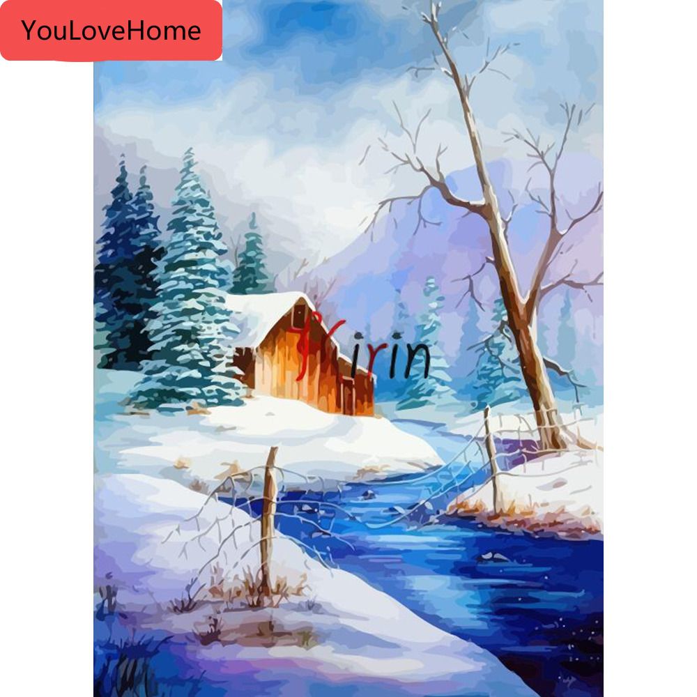 Snow Winter House Landscape Paint By Numbers Kit DIY Number Canvas Painting Oil