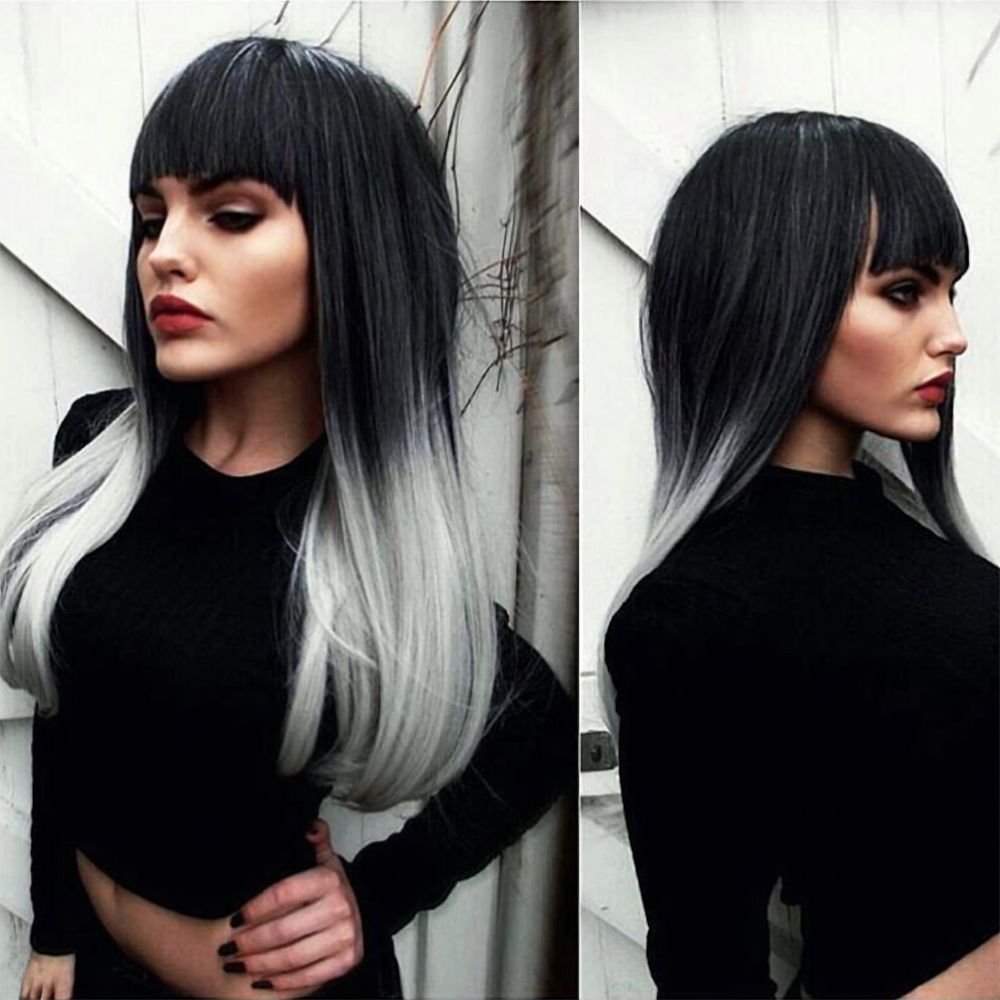 Long Synthetic Wig With Bangs Black Grey Ombre Color High Density
