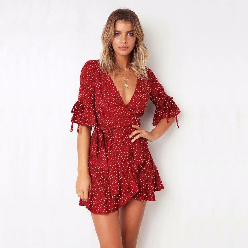 Acquistare 2019 Vestito Rosso A Pois Abito Estivo Manica Corta Scollo A V  Abito Sexy Avvolgente Vita Sottile Elegante Boho Ruffles Vestidos Abito  Donna Economico | Consegna Veloce E Qualità | DHgate Italy