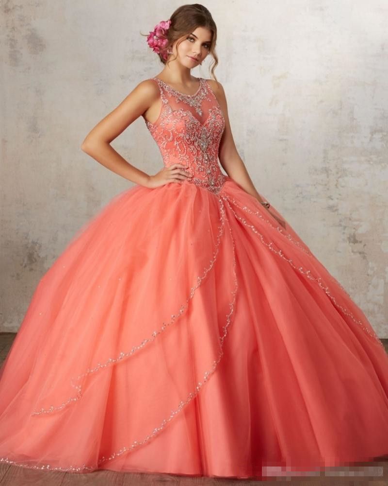 2019 Luxury Coral Quinceañera Vestidos Vestido de bolas Rhinestones con Dulce 16 años Princess Vestidos