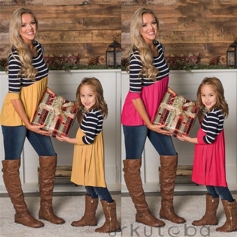 Mother Daughter Stripe Stitching Dress Casual Family Clothes Women Empire Dress