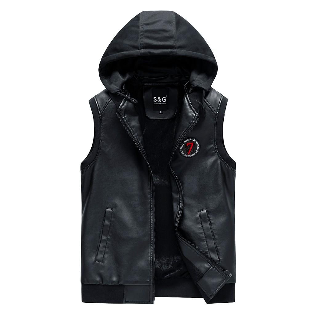 sleeveless leather jacket with hood