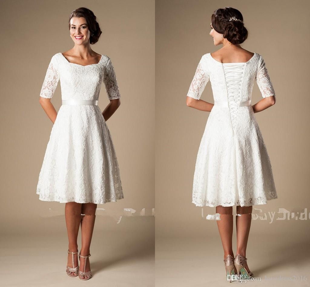 Discount Vintage Lace Short Modest Reception Wedding Dresses With
