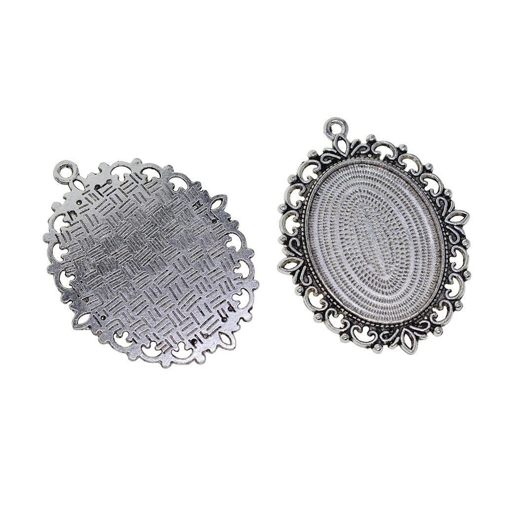 2Pcs Antique Silver Oval Pendant Trays Blanks Bezel Cameo Cabochon Settings Base