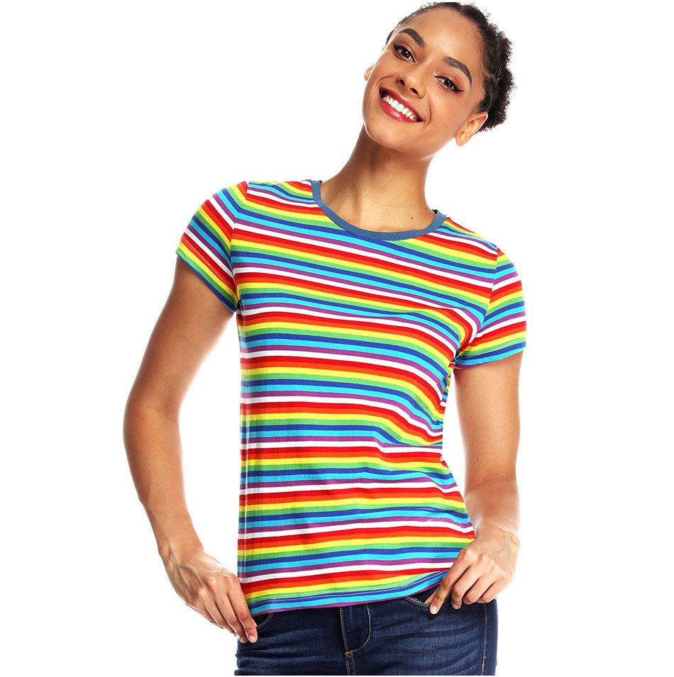 Rainbow Striped T Shirt For Women Round Neck Short Sleeve Tees For 