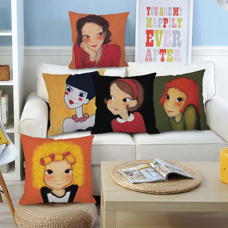 10 Styles Cartoon Girls Cushion Covers Hand Painting Cute Lovely Girl Art Cushion Cover Linen Pillow Case For Baby Girls Bedroom Outdoor Furniture