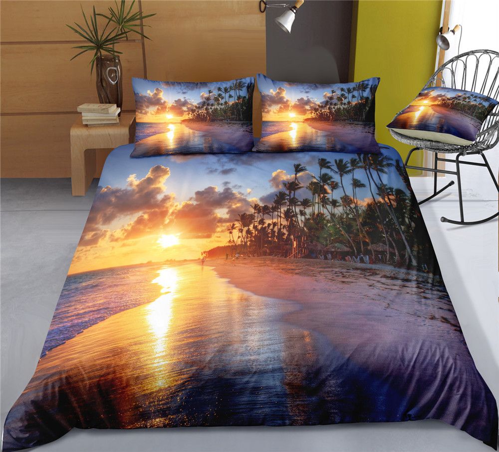 Cilected Tropical Palm Trees Sunset Landscape Bedding Set Coconuts