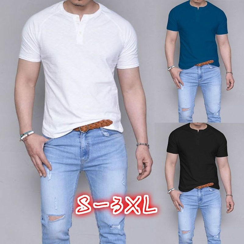 Fashion New Style Men Tee Shirt Casual Short Sleeve Button Shirt