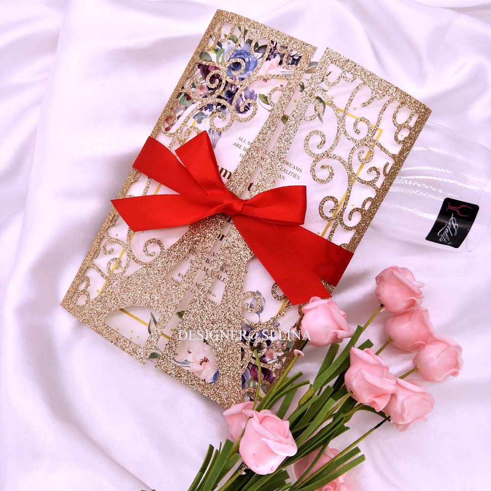Rose Gold Laser Cut Gate Fold Wedding Invitations Eiffel Tower