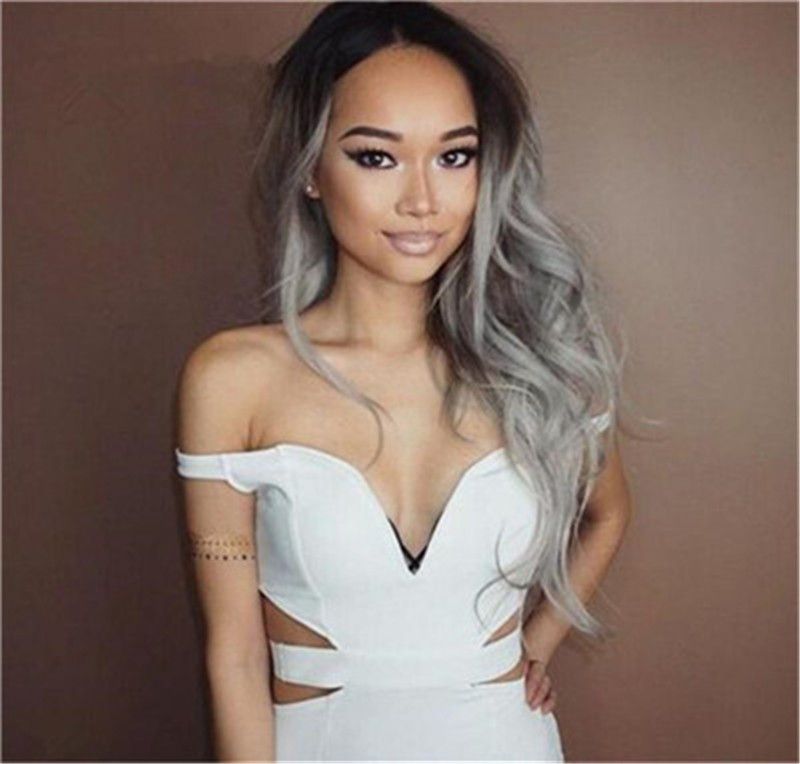 Fashion Ombre Silver Grey Bodywave Lace Front Wig Glueless Long