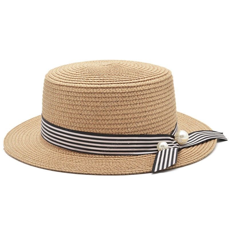 Summer Boater Sun Hats Cap Ribbon Round Flat Top Straw Beach hat Panama Hat Summer Boater Sun Hats Cap Ribbon Round Flat Top Straw Beach hat Panama Hat