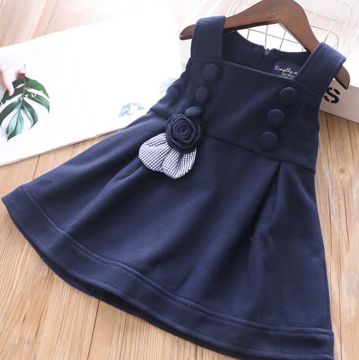 Vestido de chaleco de lana de moda para niñas, vestido de princesa a cuadros con flores Vestido de chaleco de lana de moda para niñas, vestido de princesa a cuadros con flores