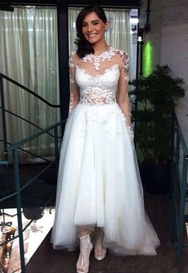 Discount Sexy See Though Top Hi Lo Lace Wedding Reception Dresses