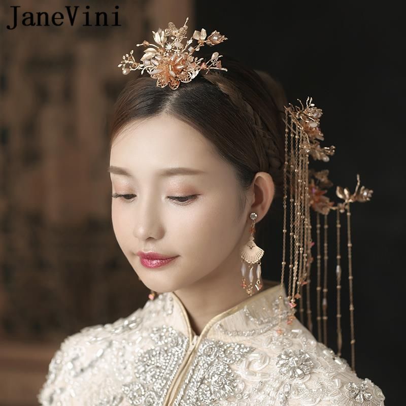 Janevini Traditional Chinese Style Bridal Headdress With Earrings