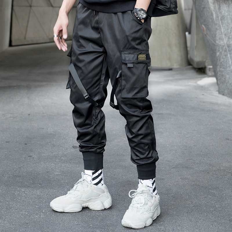 Multi-Pocket Cintas Diseño Harem Pant Men Streetwear Punk Hip Hop Pantalones Casuales Joggers Dancing Pantalón Black WA144
